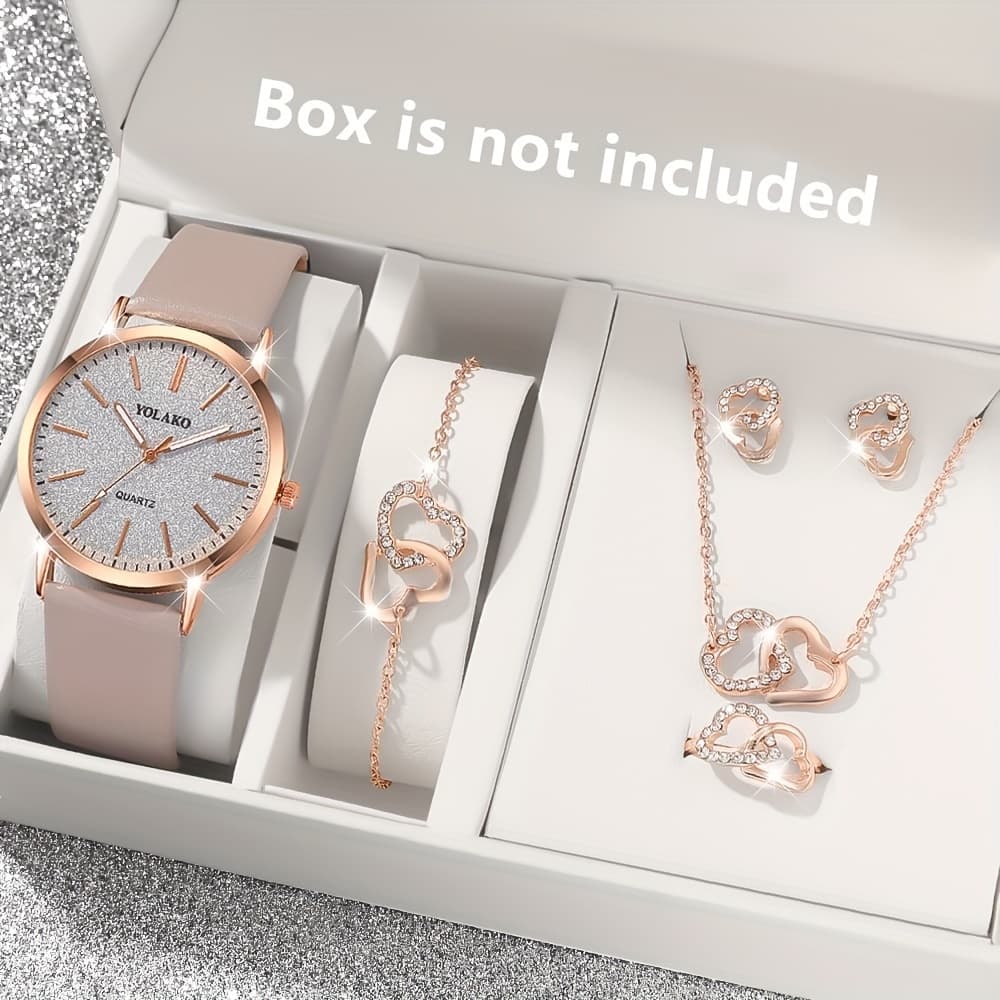 Minimalist and Elegant 6pcs Women's Quartz Watch Round Alloy Case, Simple Dial, Unique Heart Shaped Jewelry Set - Perfect Gift for Any Occasion, Elegant Accessory for Work, Ideal Choice for Halloween Gifts, Thanksgiving Gifts, Christmas Gifts