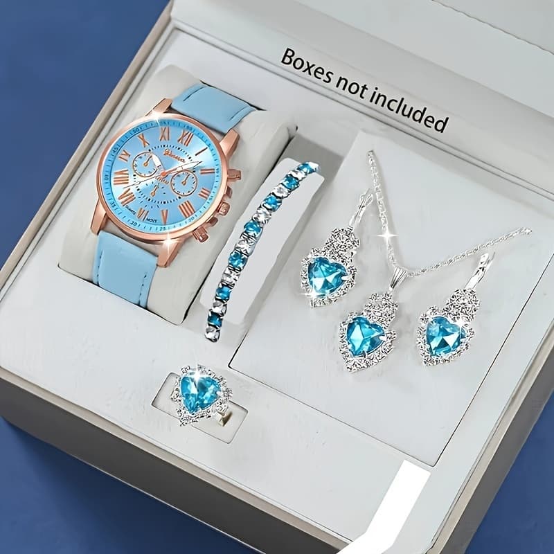 1pc Set of Fashionable Women'S Sky Blue Roman Quartz UP Faux Leather Watch And 5pcs of Heart Sky Blue Accessories Set. Eid, Valentine'S Day, Easter Gift for Mom