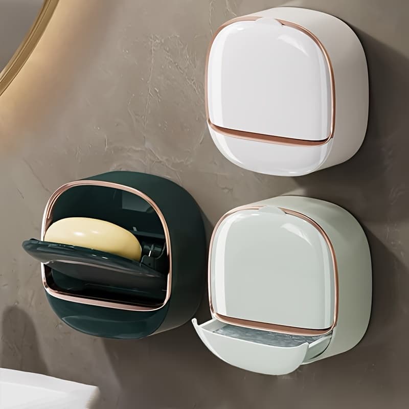 1pc Waterproof Soap Dish with Cover, No-Drill Wall-Mounted Soap Holder, Premium Drainage Bathroom Soap Rack, Rectangular Bathroom Accessory, Home Decor
