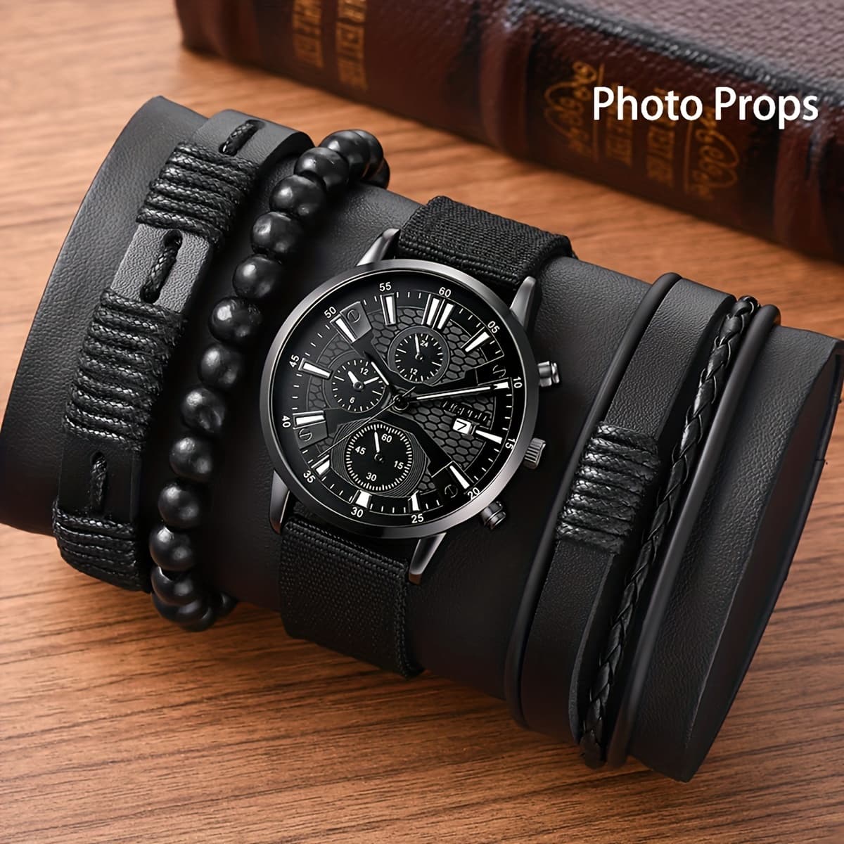 Middle East, Ramadan Men Watch 1pcs Men's Black Nylon Strap Casual Industrial Style Round Dial Calendar Pointer Quartz Watch And 3pcs Bracelets Watch for Men Suitable for Men Party Birthday Wear Or As Brother The Best Gift for A Man No Box