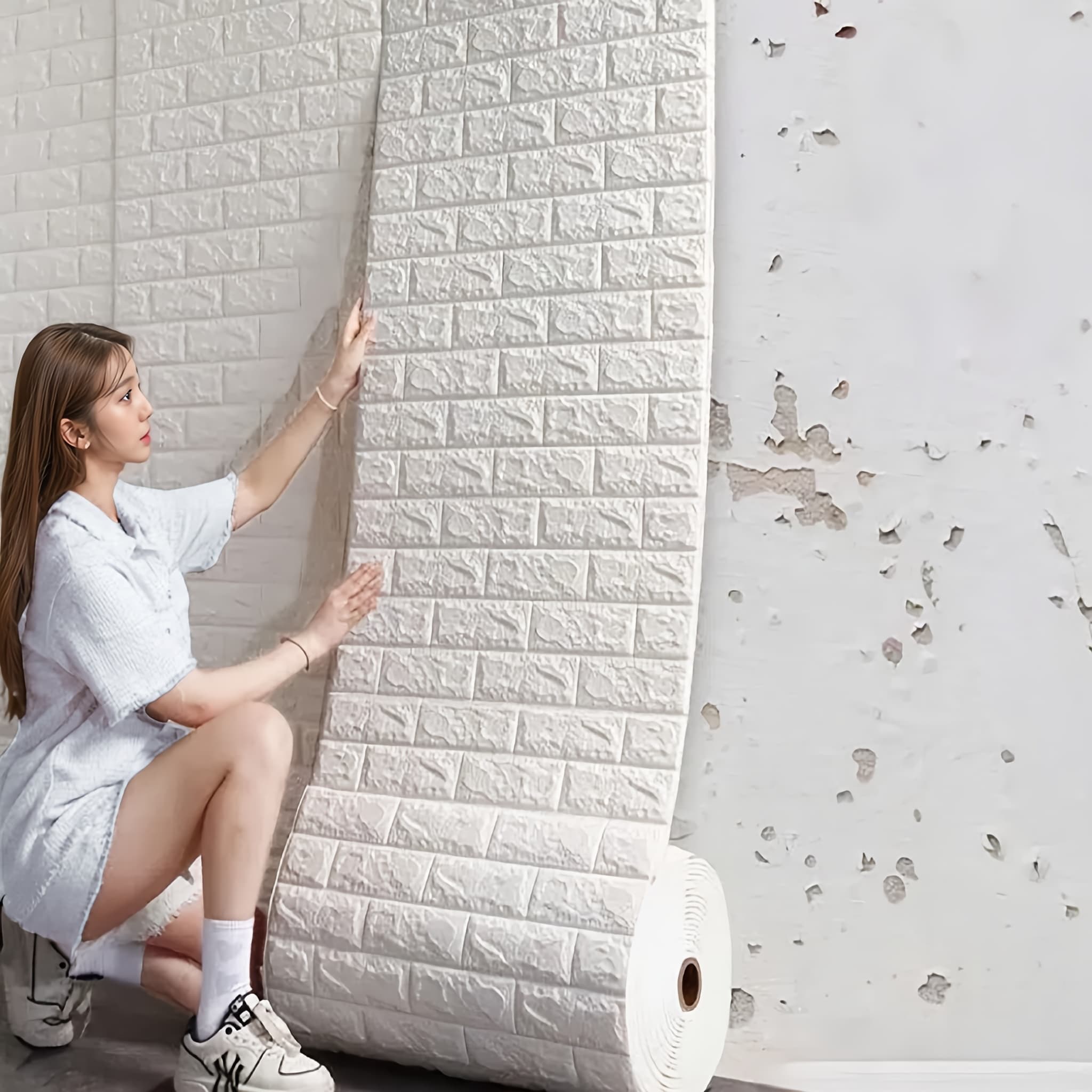New Year White 3D Brick Pattern Self-Adhesive Wallpaper - Waterproof And Moisture-Proof, Easy to Use for Home Decoration And Bedroom Styling.
