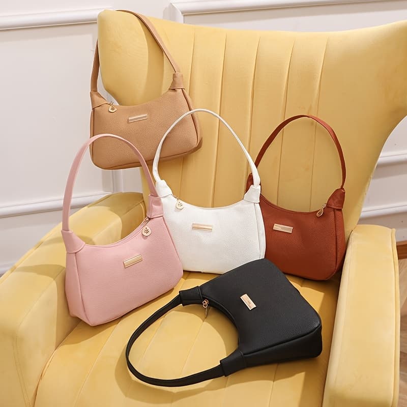 Fashion Shoulder Bag for Women, Solid Color Synthetic Leather Handbag with Zipper Closure and Wristlet