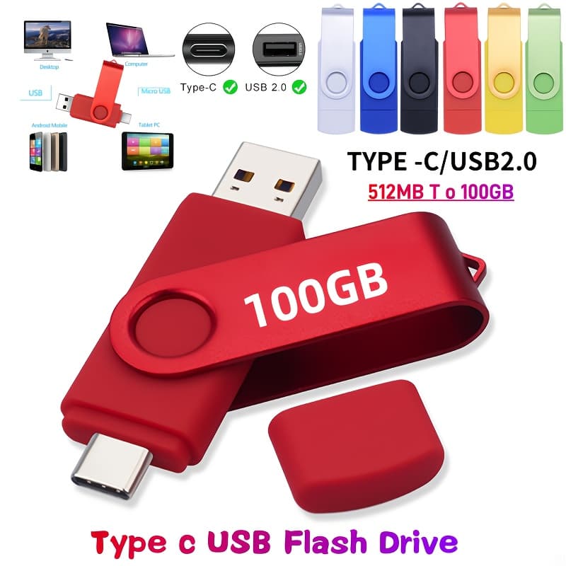 USB 2.0 TYPE C USB Flash Drive OTG Pen Drive with Capacities of 512MB, 32GB, Or 100GB, Featuring a 2-In-1 Design for High-Speed Data Transfer.