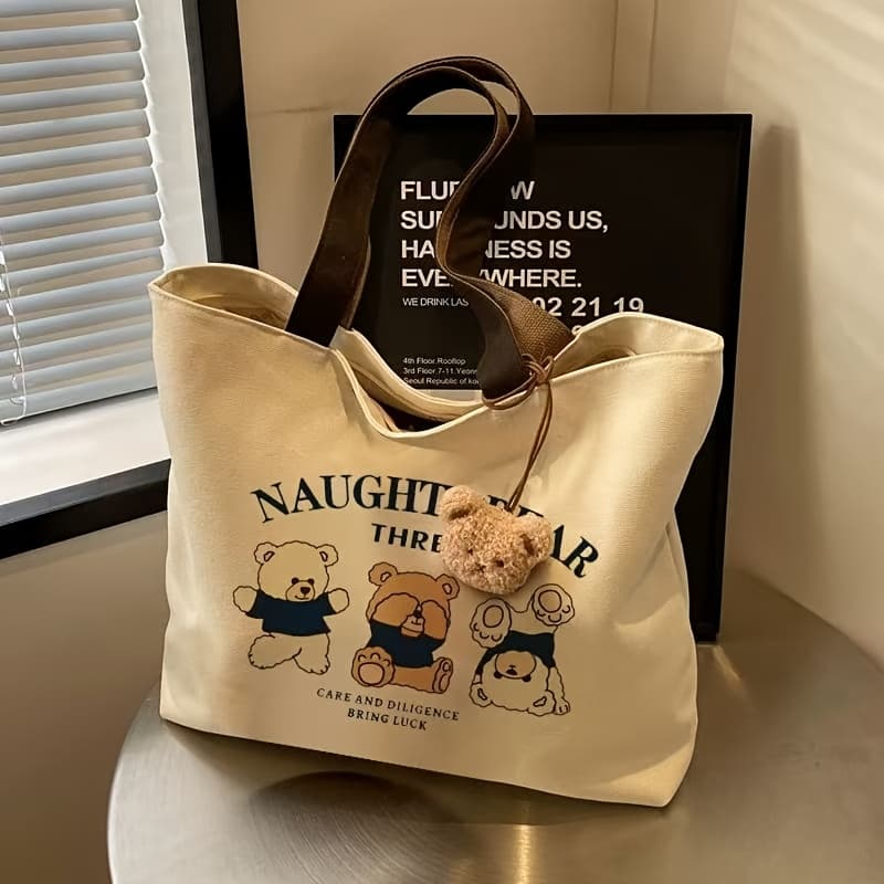 Cute Bear Canvas Tote Bag for Women, Multifunctional Shoulder Handbag with Button Closure