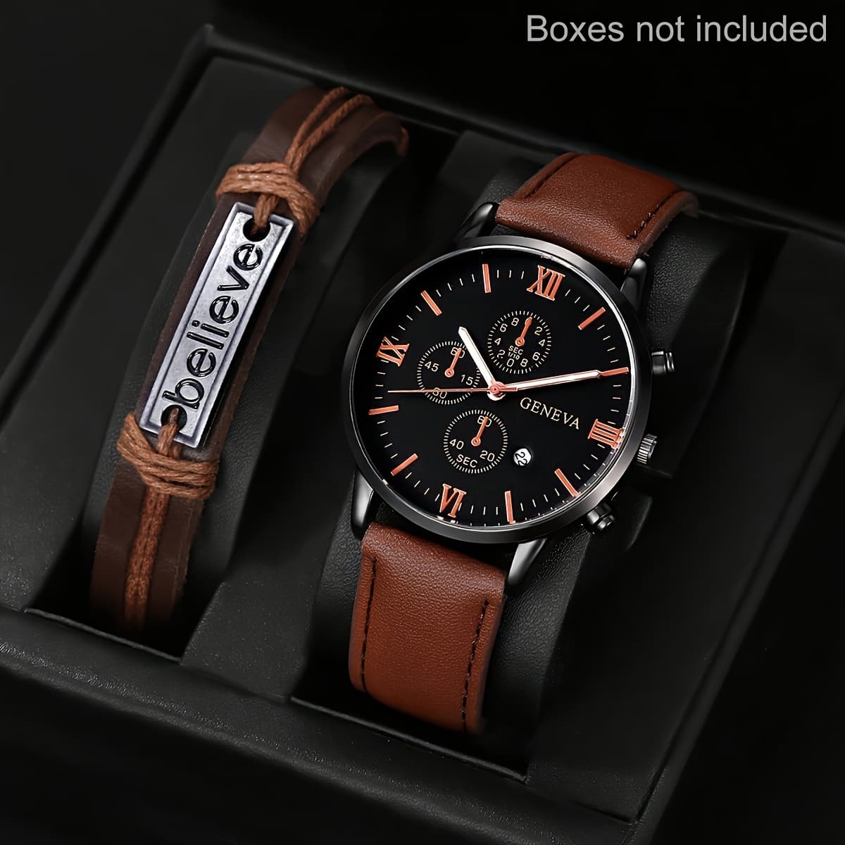 2pcs/Set GINAVE Men'S Casual Round Dial Pointer Calendar Quartz Wristwatch, Brown Faux Leather Strap, Alloy Case, Non-Waterproof, Battery Powered with Button Battery (Diameter＜20mm), for Men, Party, Holiday, Birthday Wear, Brother, Ramadan