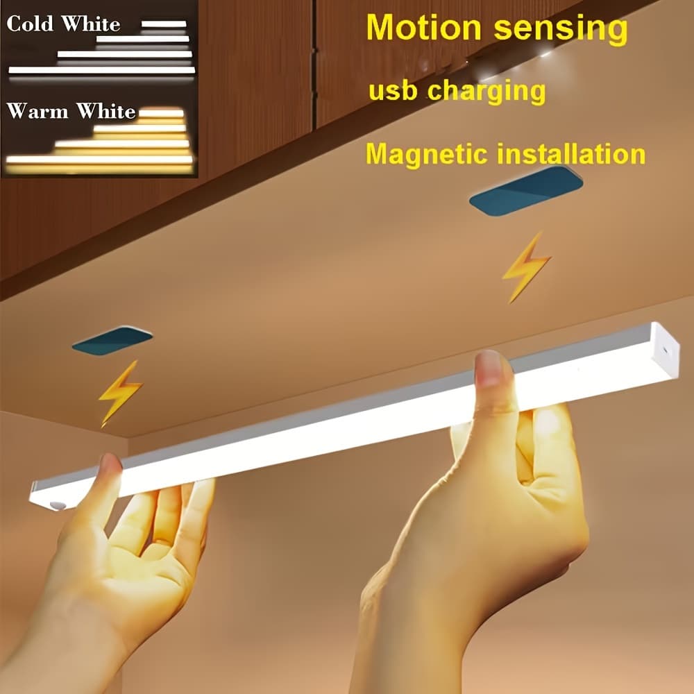 USB Rechargeable LED Motion Sensor Night Light - 200mAh/400mAh, Wireless Auto-On for Under Cabinet, Kitchen, Wardrobe & More - Warm/White Options