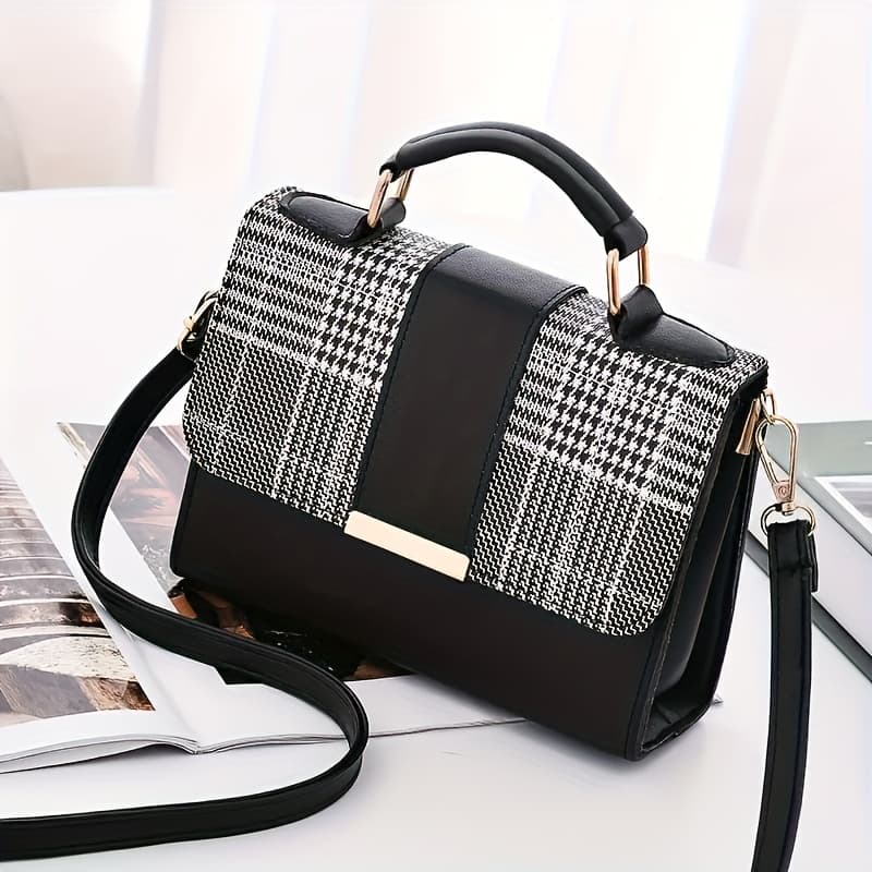 2025 New Checkered Women's Crossbody Bag - Fashionable Button Top Handle Flip Wallet