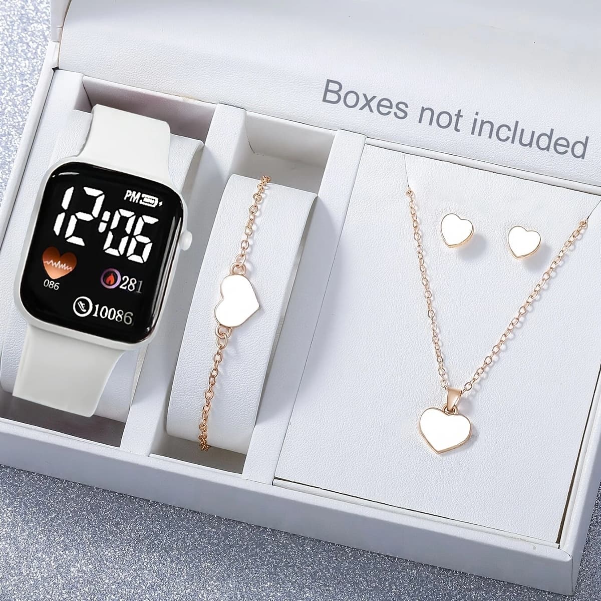 5pcs Women'S Fashion Watch and Jewelry Set, White Silicone Strap, Digital Display, Battery Powered, Love Heart Earrings and Necklace, Ideal Gift for New Year, Valentine'S Day, Ramadan, Weddings